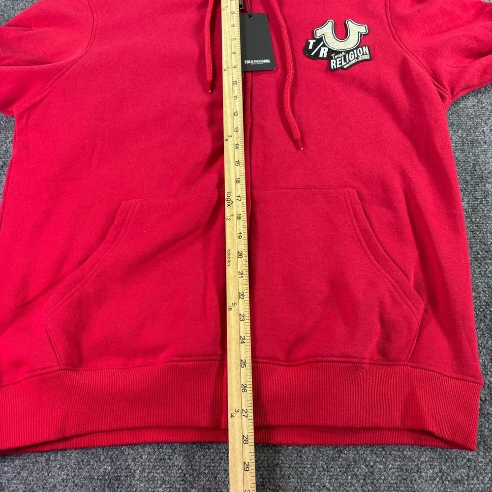 True Religion Zip Hoodie Mens XL Red Multi Patch Logo 700761 NWT Crazy Back Hits